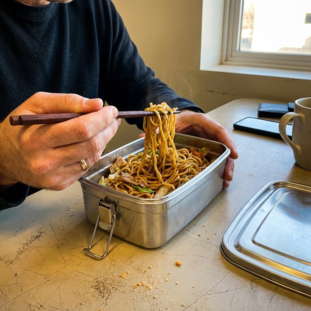 A person eats noodles with chopsticks from a rectangular stainless steel container at a table.