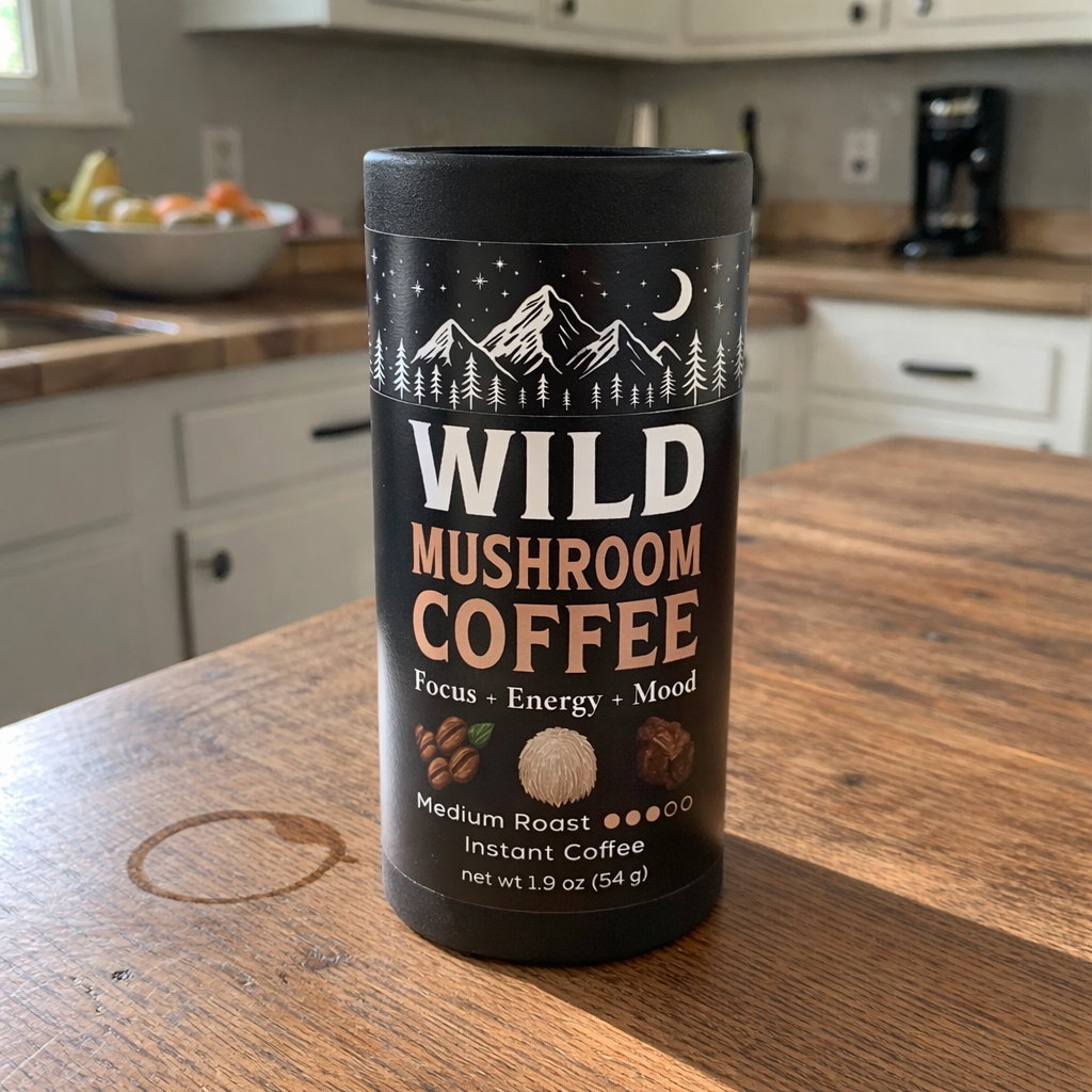 A can of Wild Mushroom Coffee on a wooden kitchen table.
