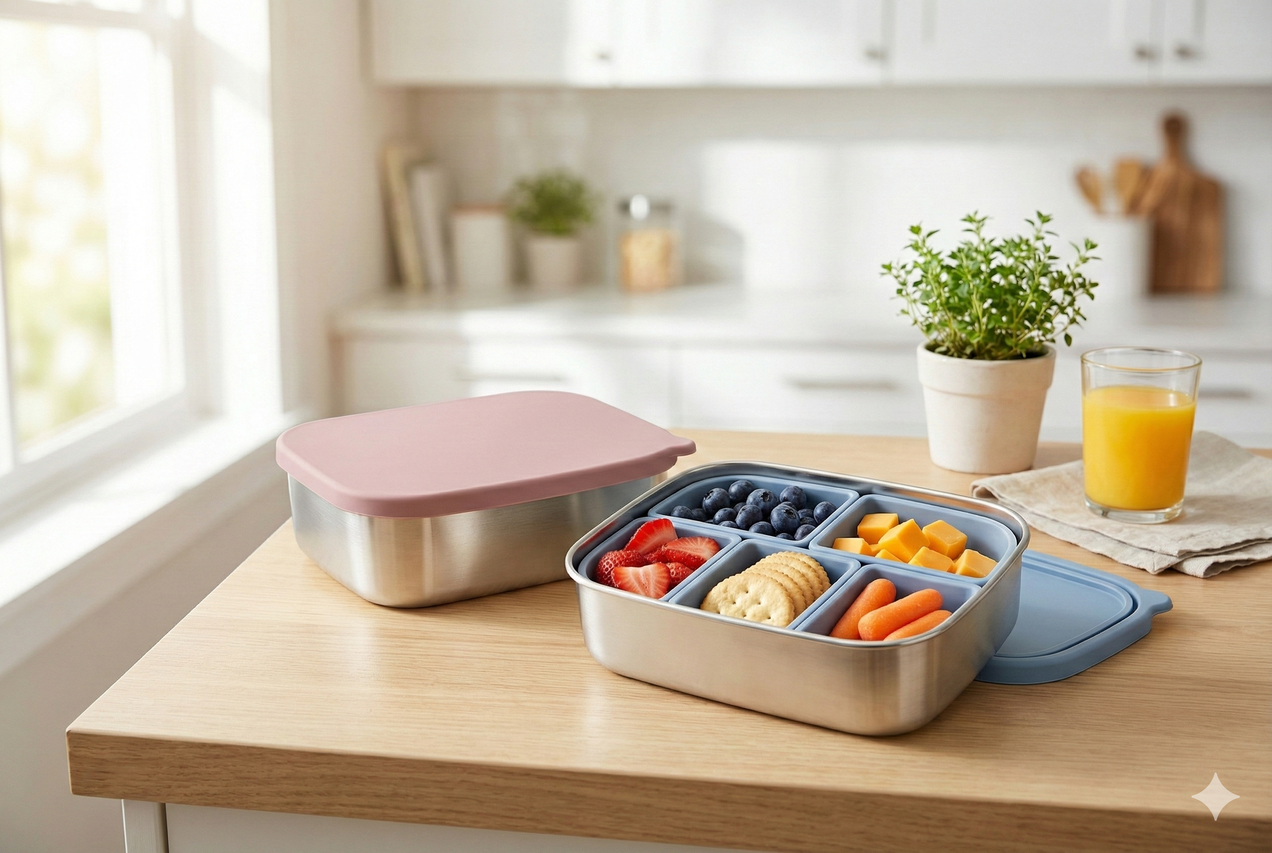 Lunchbox with fruits, cheese, and crackers on a kitchen counter next to orange juice.