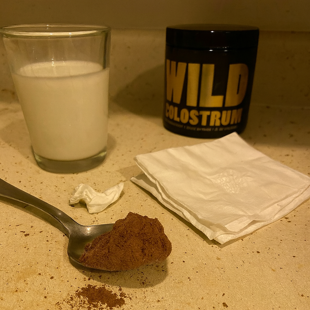 Glass of milk, colostrum powder, tissues on a kitchen counter.