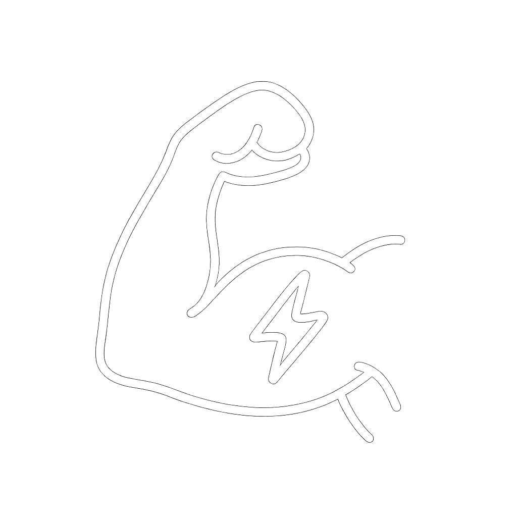 Neon outline of a flexed bicep with a lightning bolt.