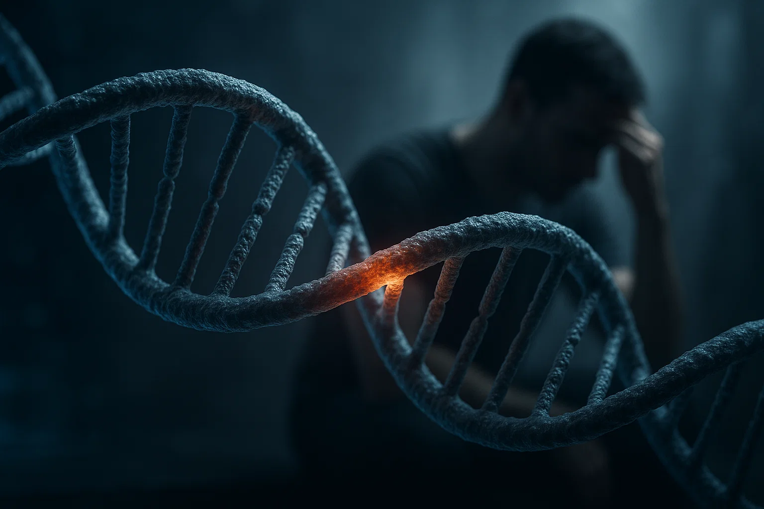 Close-up of a DNA strand with a glowing section, person in background.