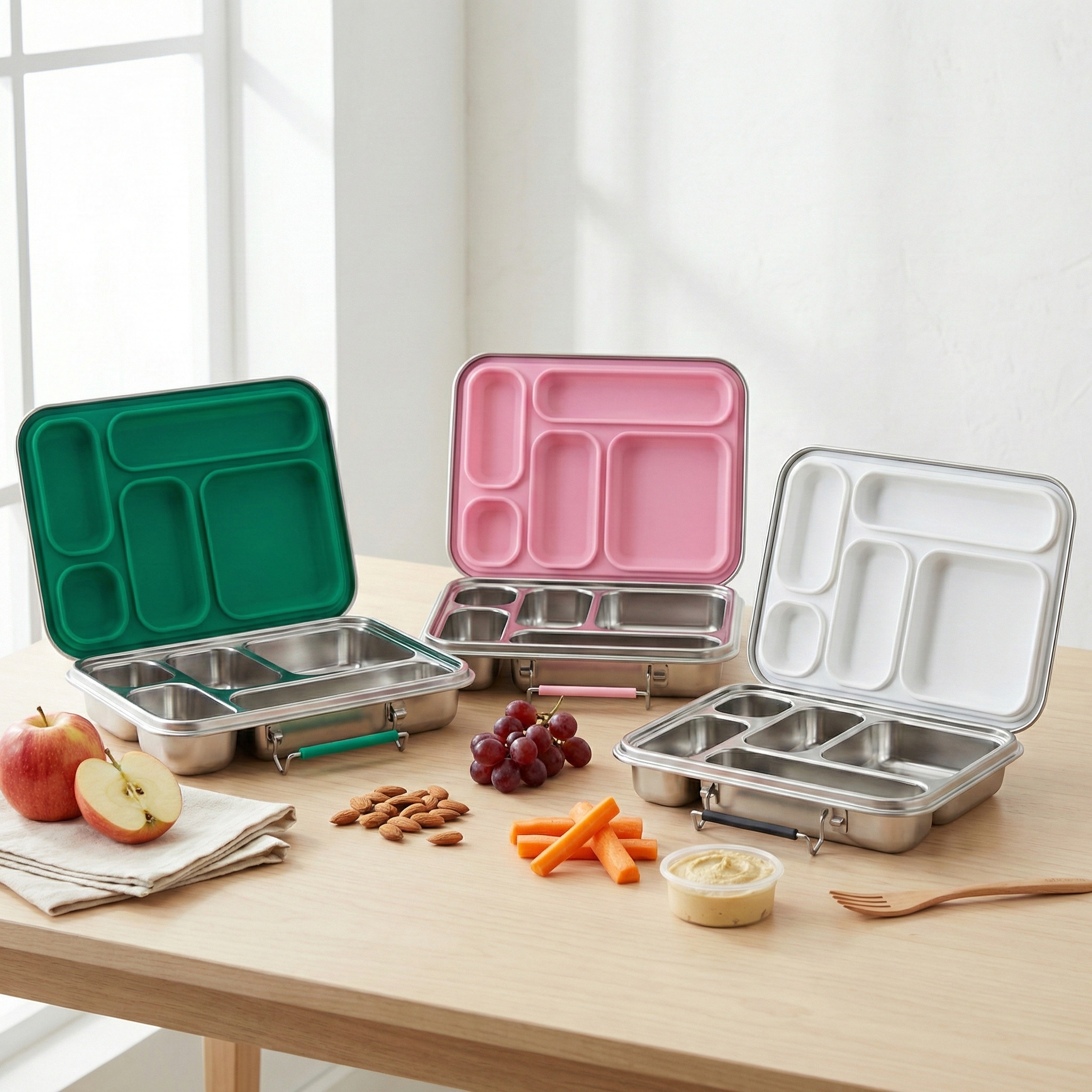 Three open stainless steel bento boxes in green, pink, and white, with snacks on a wooden table.