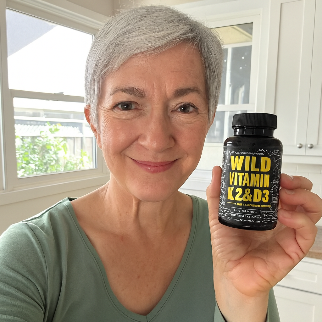 Person holding a bottle labeled 'Wild Vitamin K2 & D3' in a kitchen setting.