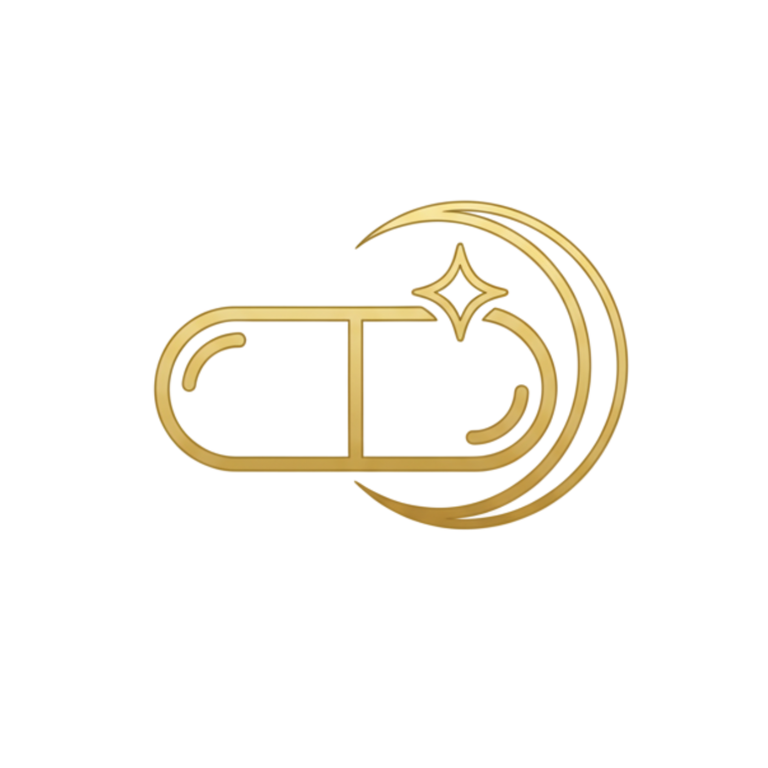 Gold capsule icon with crescent shapes and sparkles on a black background.