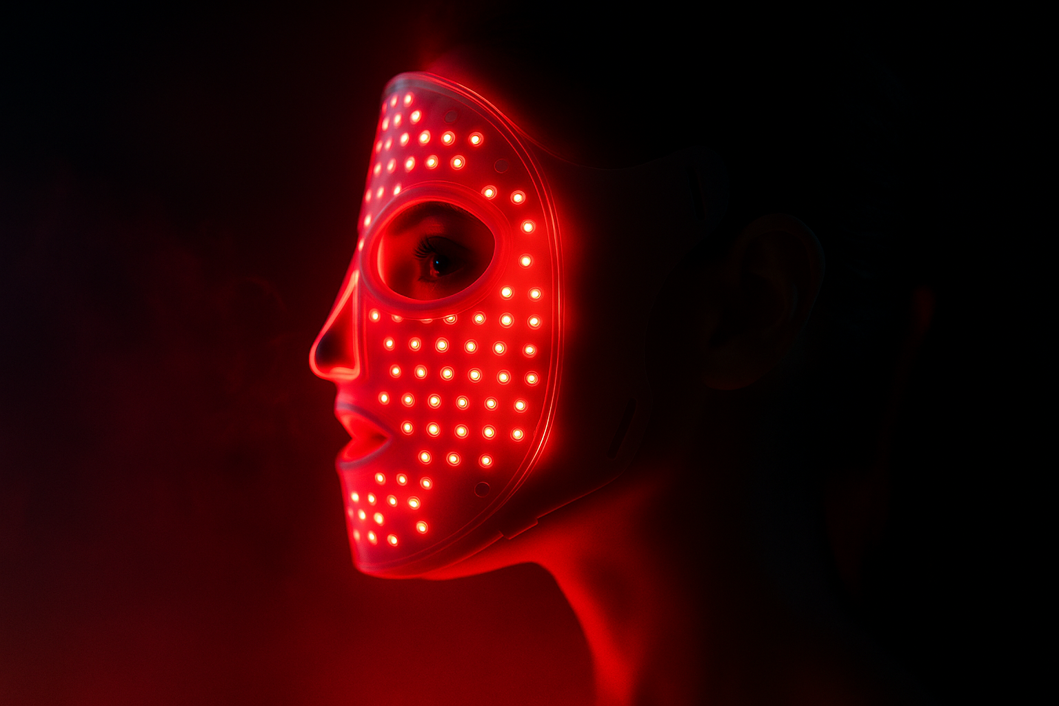 Person wearing a mask with illuminated red lights.