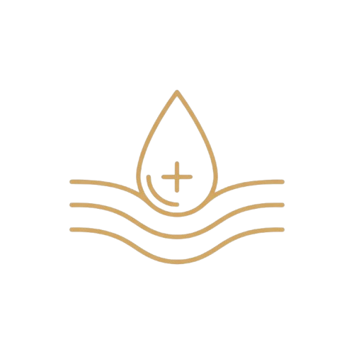 A gold line art icon of a droplet with a plus sign resting on wavy lines.