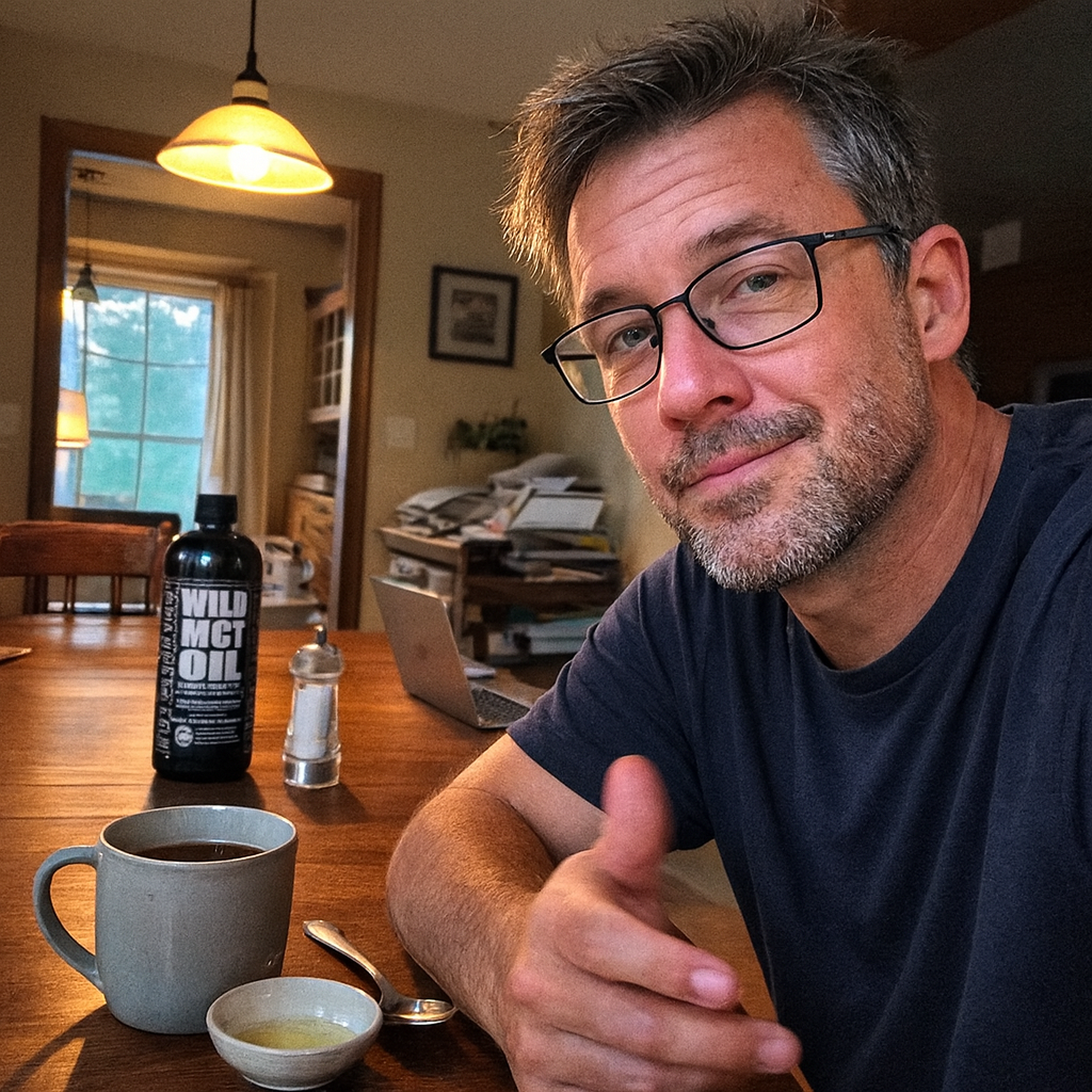 Man sitting at a kitchen table with a mug and laptop.