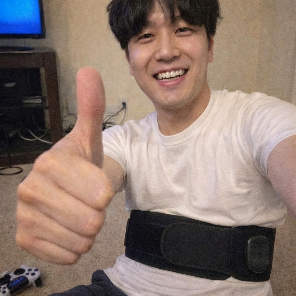A smiling man wearing a black back brace sits on the floor and gives a thumbs-up.