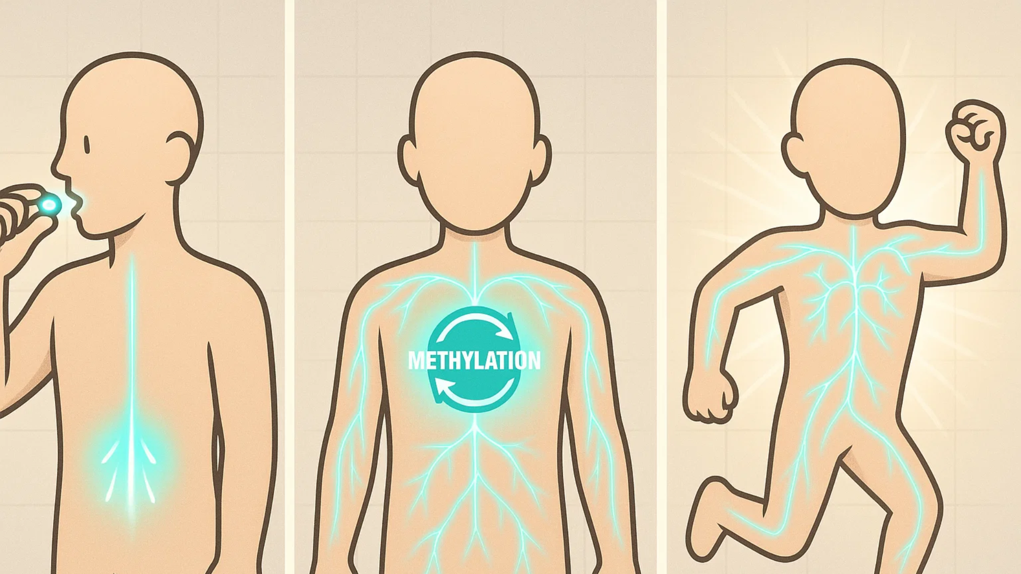 Illustration of a person ingesting, showing methylation process and improved energy.