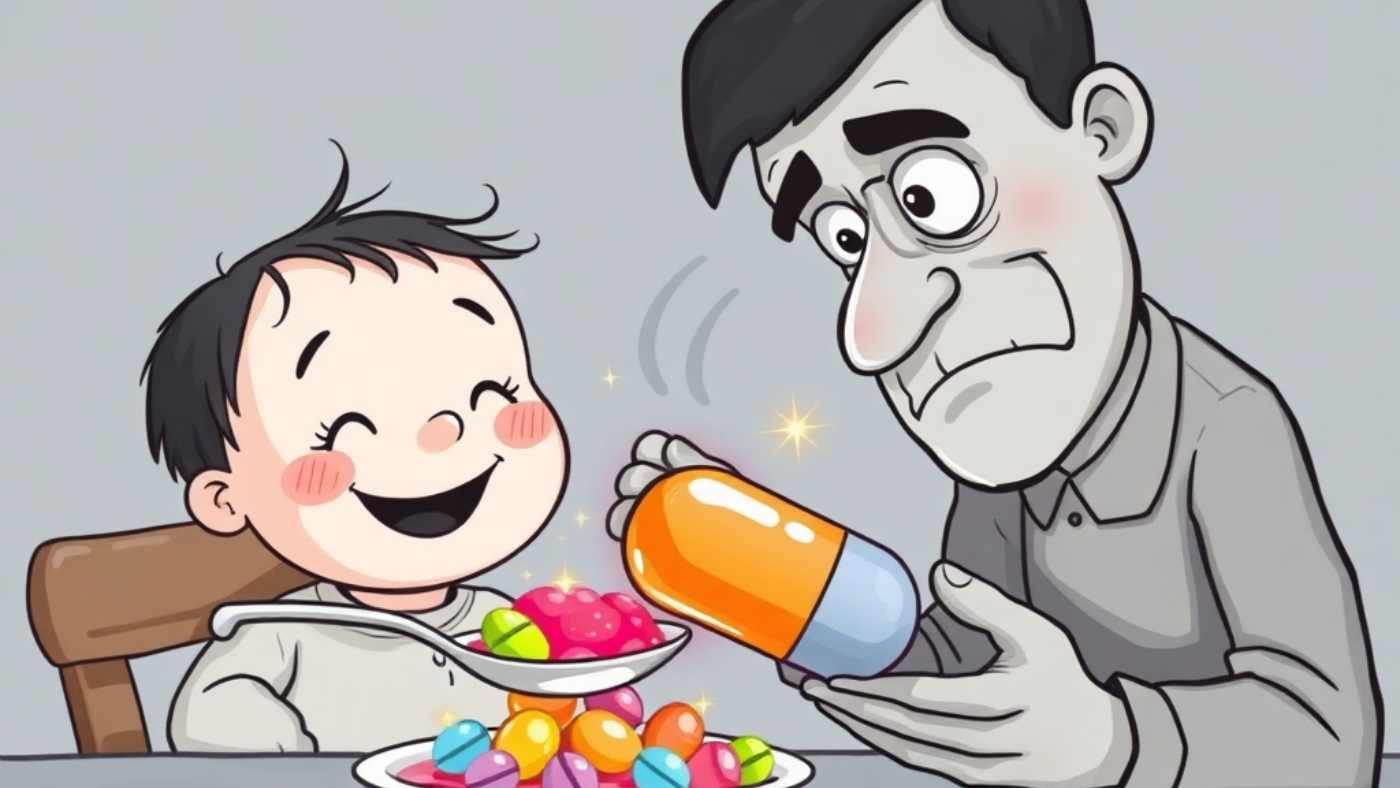 Cartoon of a child with candy and an adult holding a large capsule.