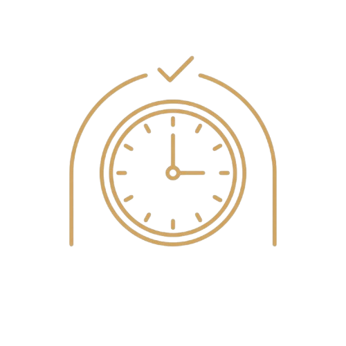 A line art icon of a clock with a checkmark above it, on a black background.