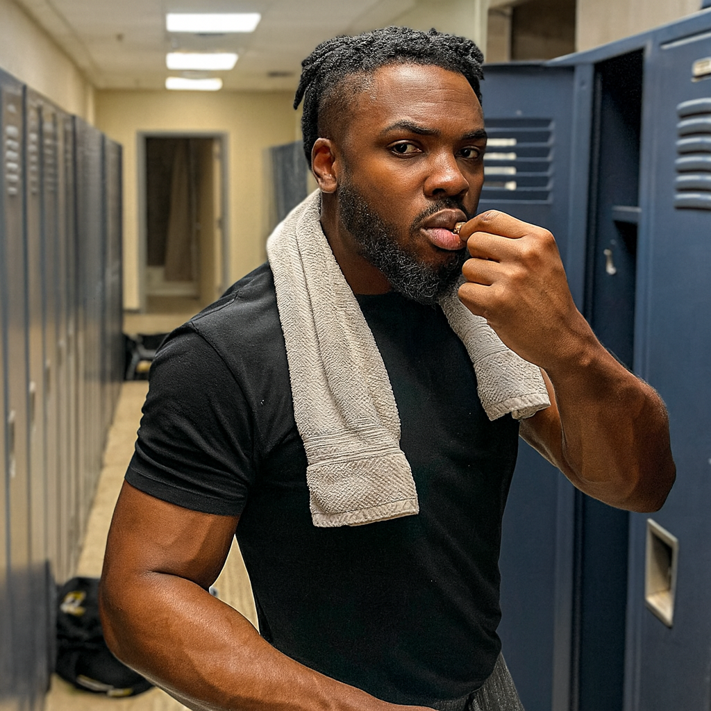 Man in gym locker room with towel around neck.