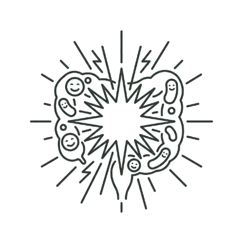 A symmetrical line drawing of an abstract starburst surrounded by shapes with smiling faces.