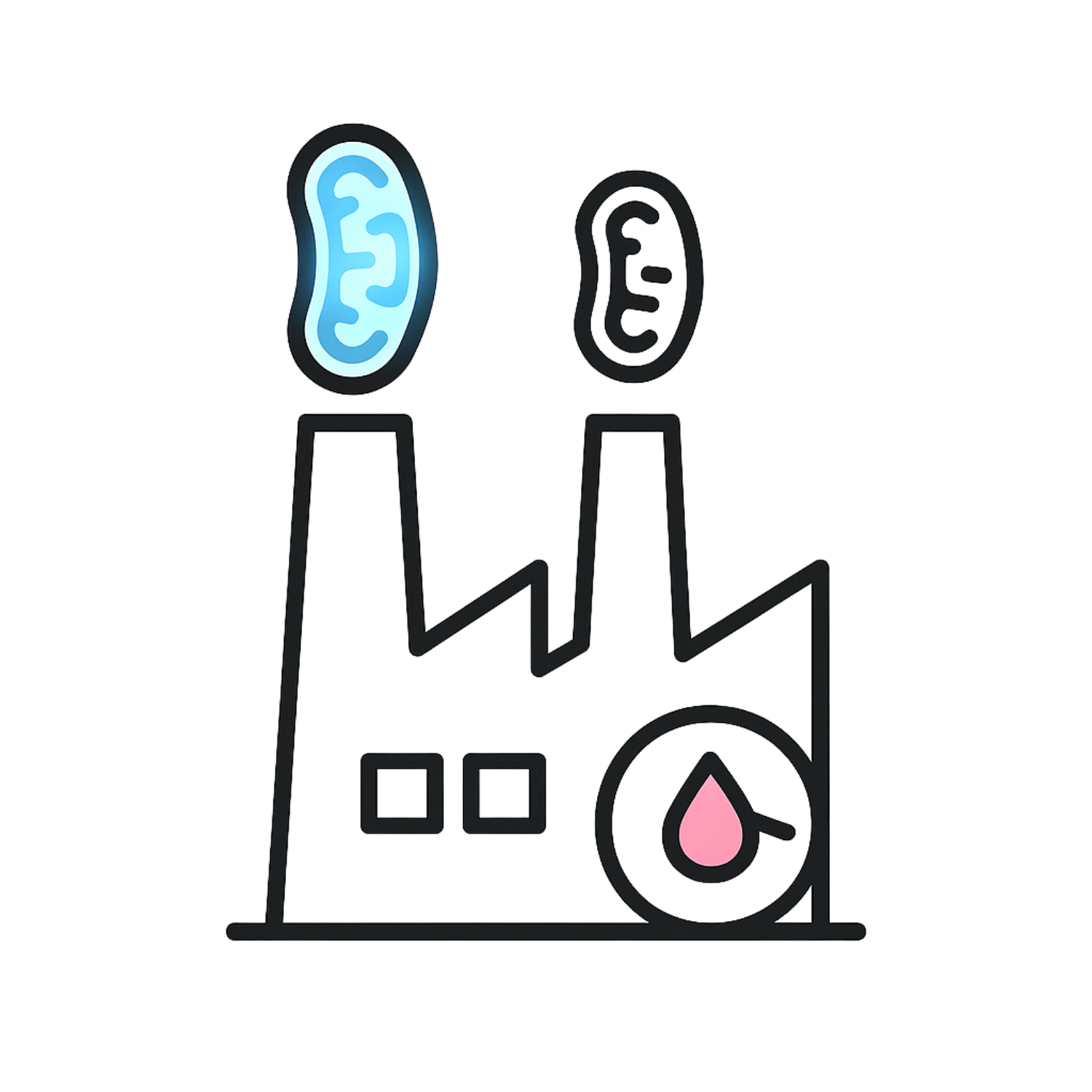 Outline of a factory with abstract shapes above.
