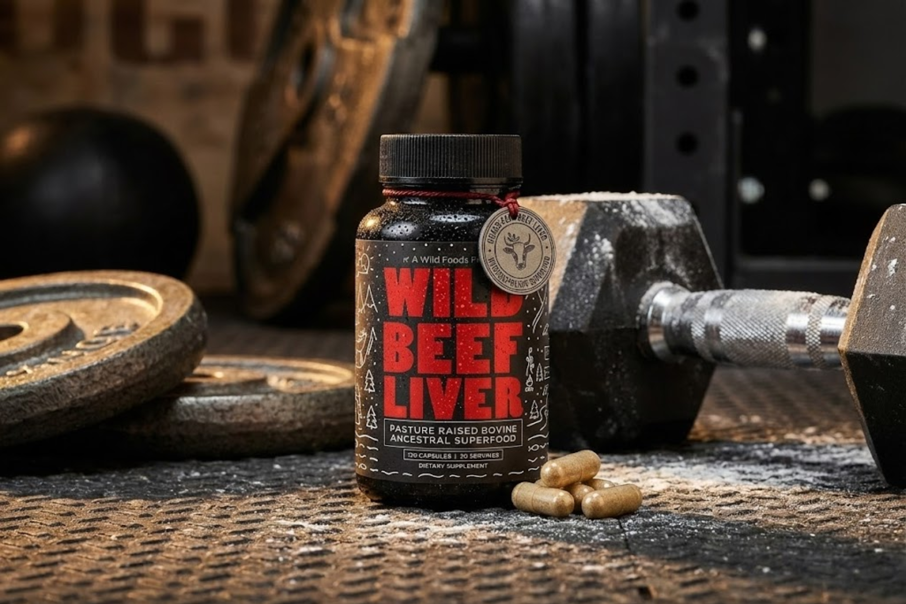 Bottle of Wild Beef Liver capsules with dumbbells and weights.
