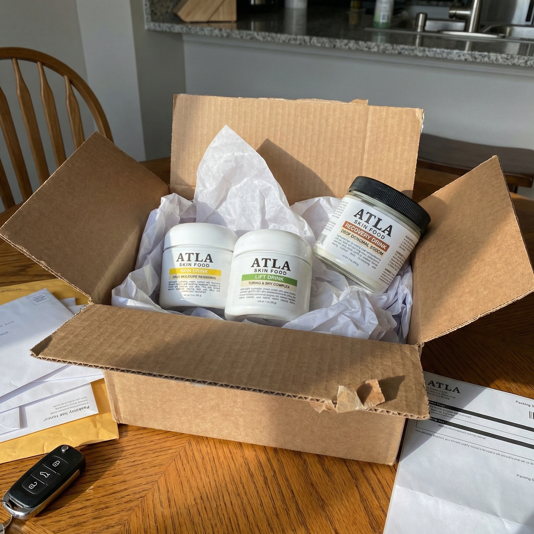 Three jars of ATLA Skin Food products sit inside an open cardboard box on a wooden table.