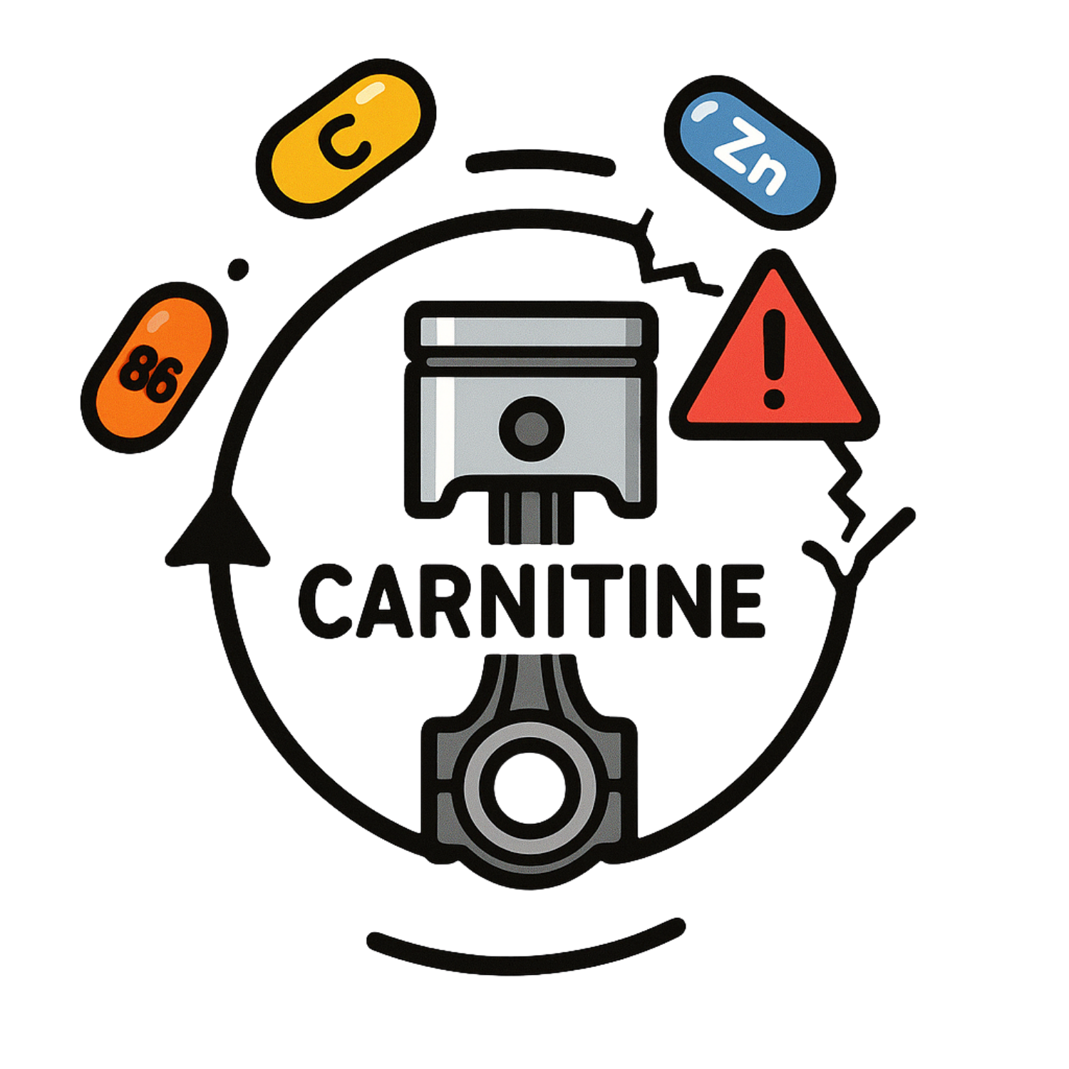 Illustration of a piston with the word 'Carnitine' and vitamin-mineral icons.