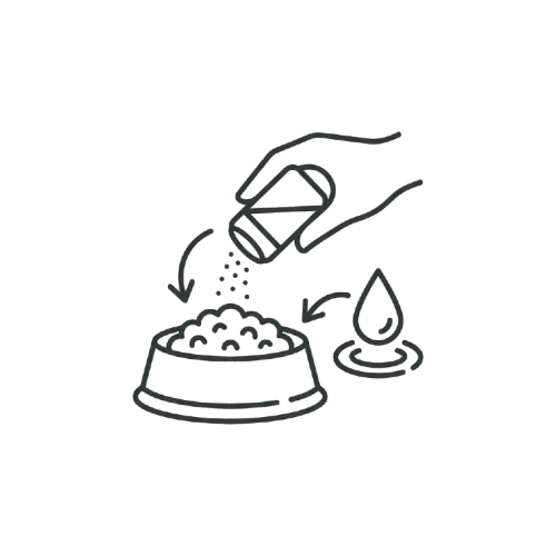 A line drawing of a hand adding a powder supplement and a liquid drop to a bowl of pet food.