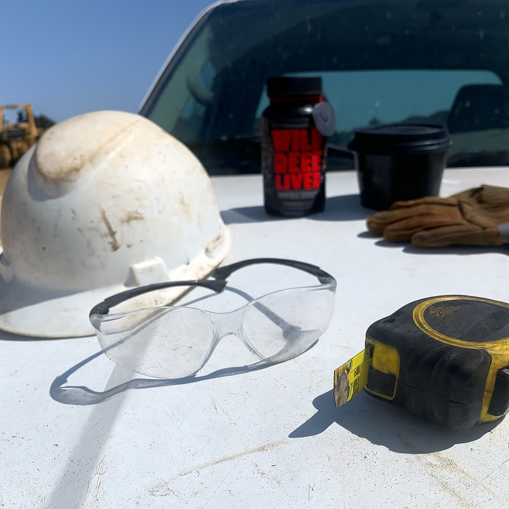 A hard hat, safety glasses, gloves, and tape measure on a truck hood.