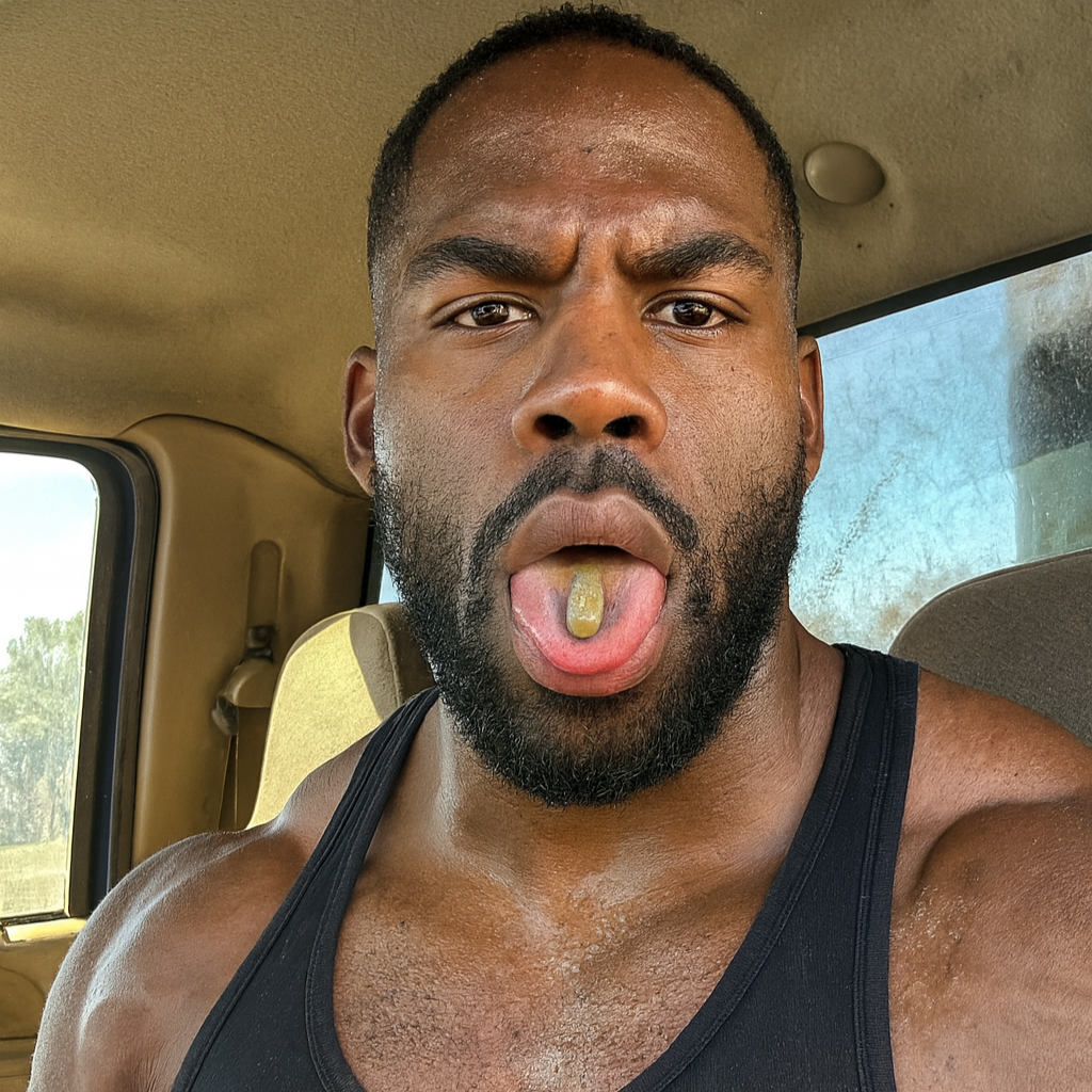 A person in a vehicle, tongue out, showing a gel capsule on the tongue.