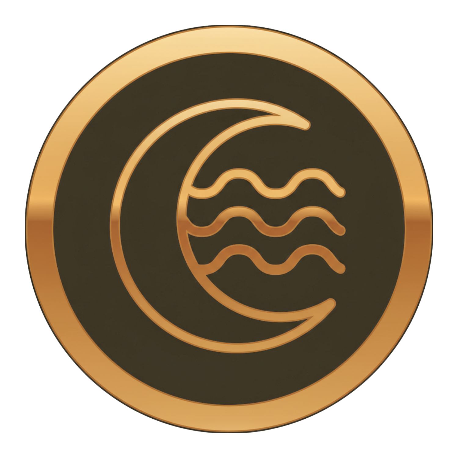 Gold crescent and wavy lines on a dark circular background.