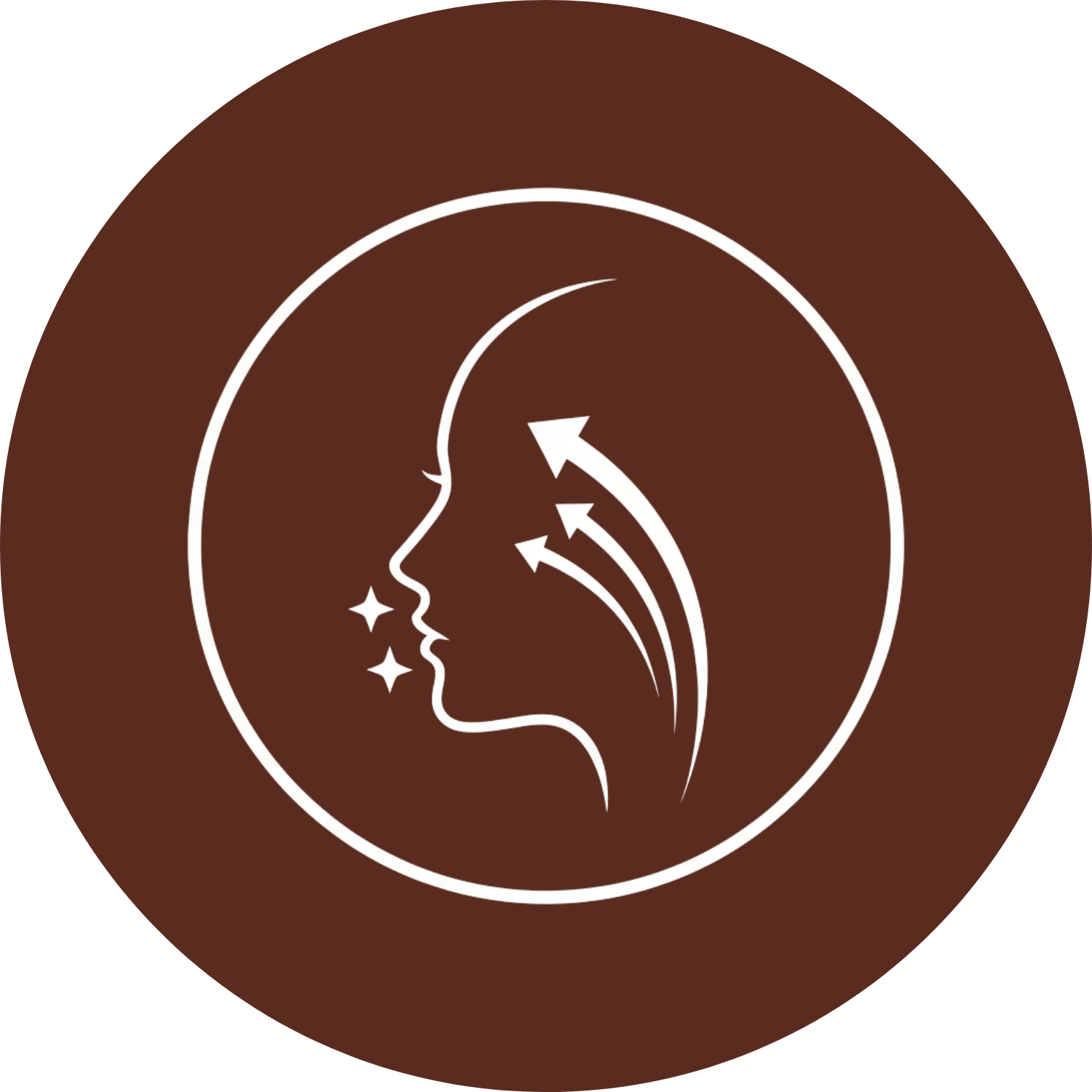 Silhouette of a face with arrows and sparkles in a circle on a brown background.