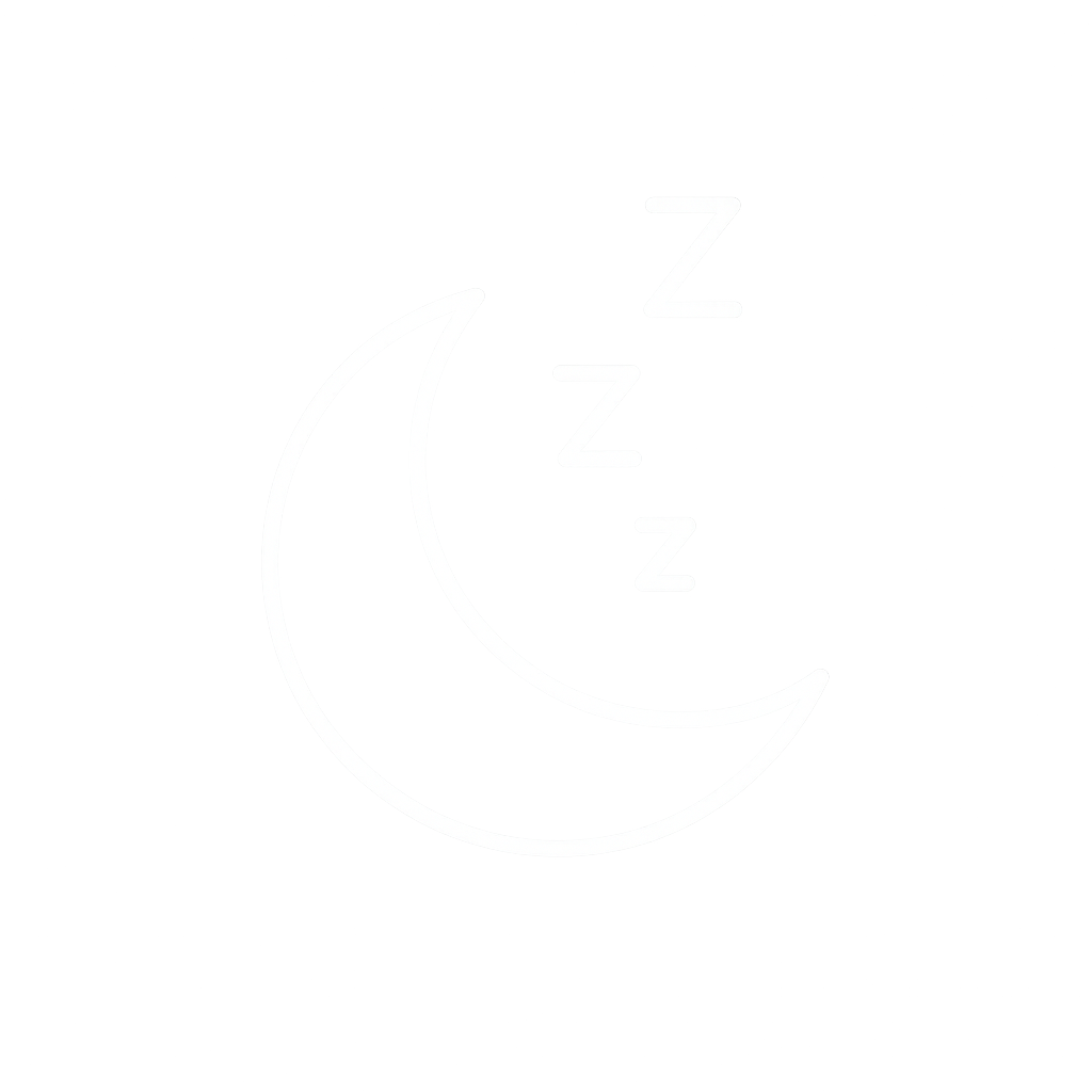 Glowing neon crescent moon with 'zzz' above it, symbolizing sleep.