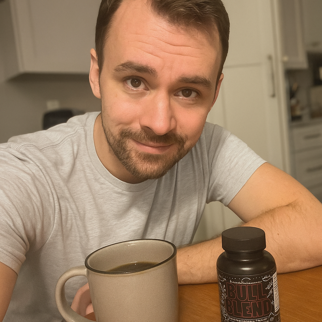 Person smiling with a coffee mug and supplement bottle on a table.