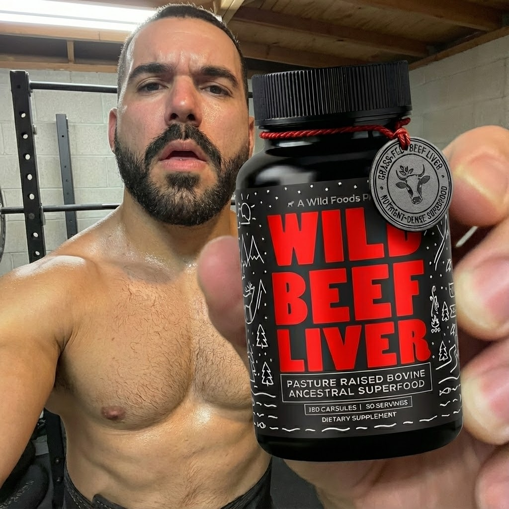 Shirtless man holding a bottle labeled 'Wild Beef Liver' in a gym setting.