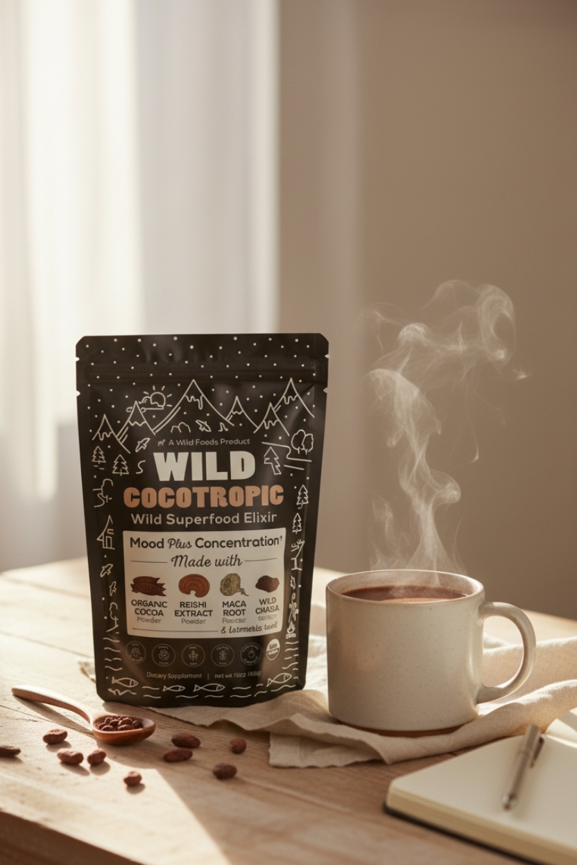 Package of Wild Cocotropic elixir and steaming mug on a wooden table.