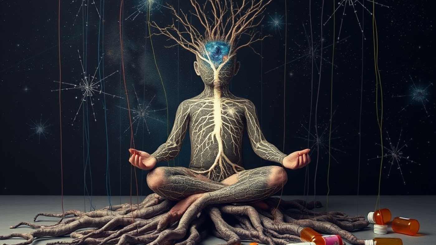 Person meditating with tree roots and branches, surrounded by stars and pill bottles.