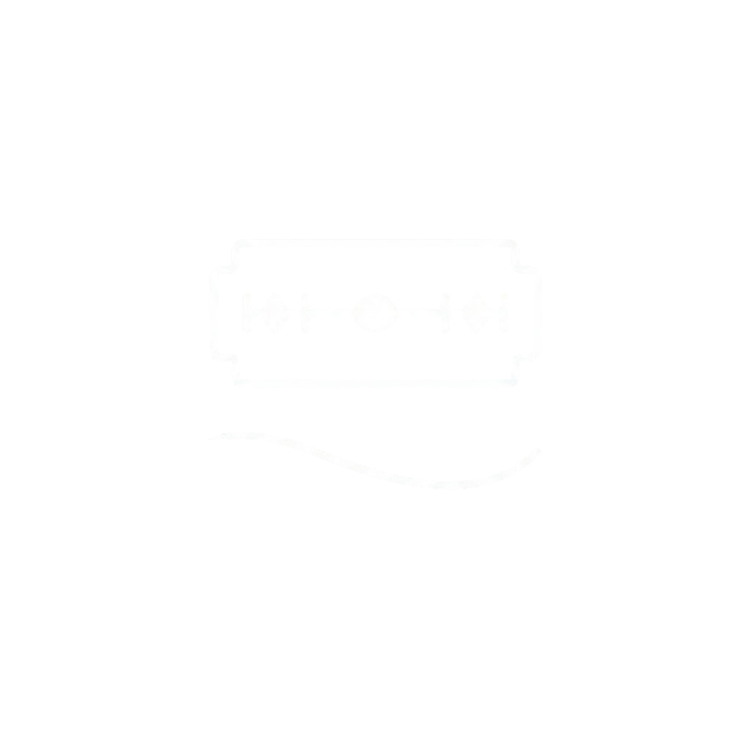A white line drawing of a razor blade above a wavy line on a black background.