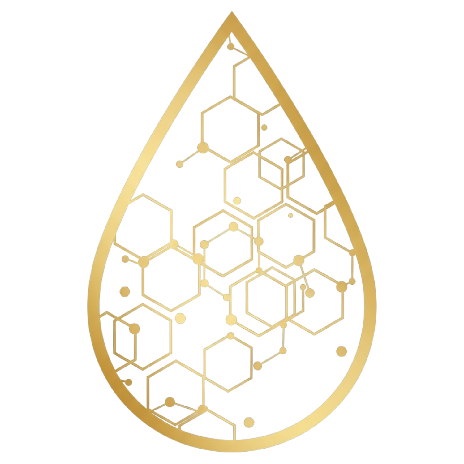 Golden geometric pattern inside a droplet shape on a black background.