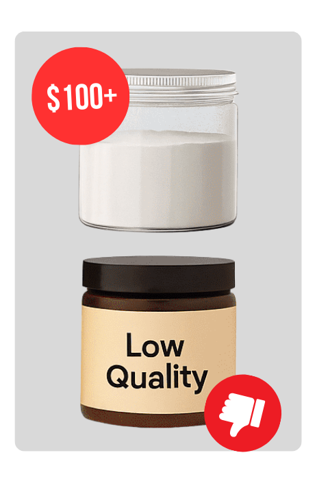 Two jars labeled '$100+' and 'Low Quality' with a thumbs down icon.