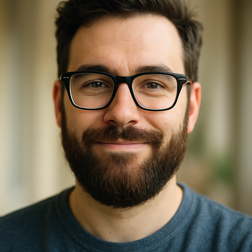 Man with glasses and a beard smiling.
