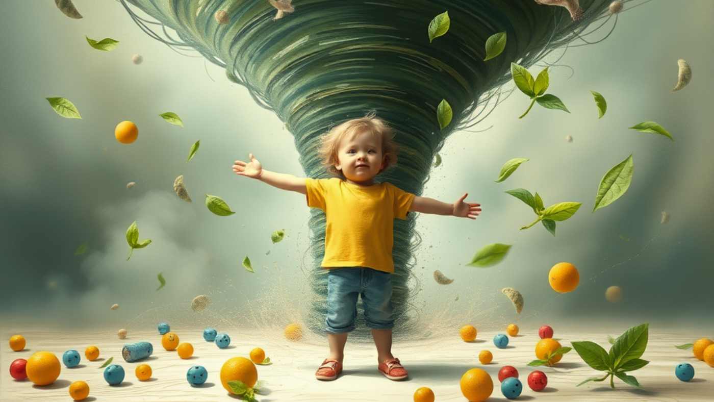 Child in yellow shirt with arms outstretched, surrounded by swirling leaves and fruits.