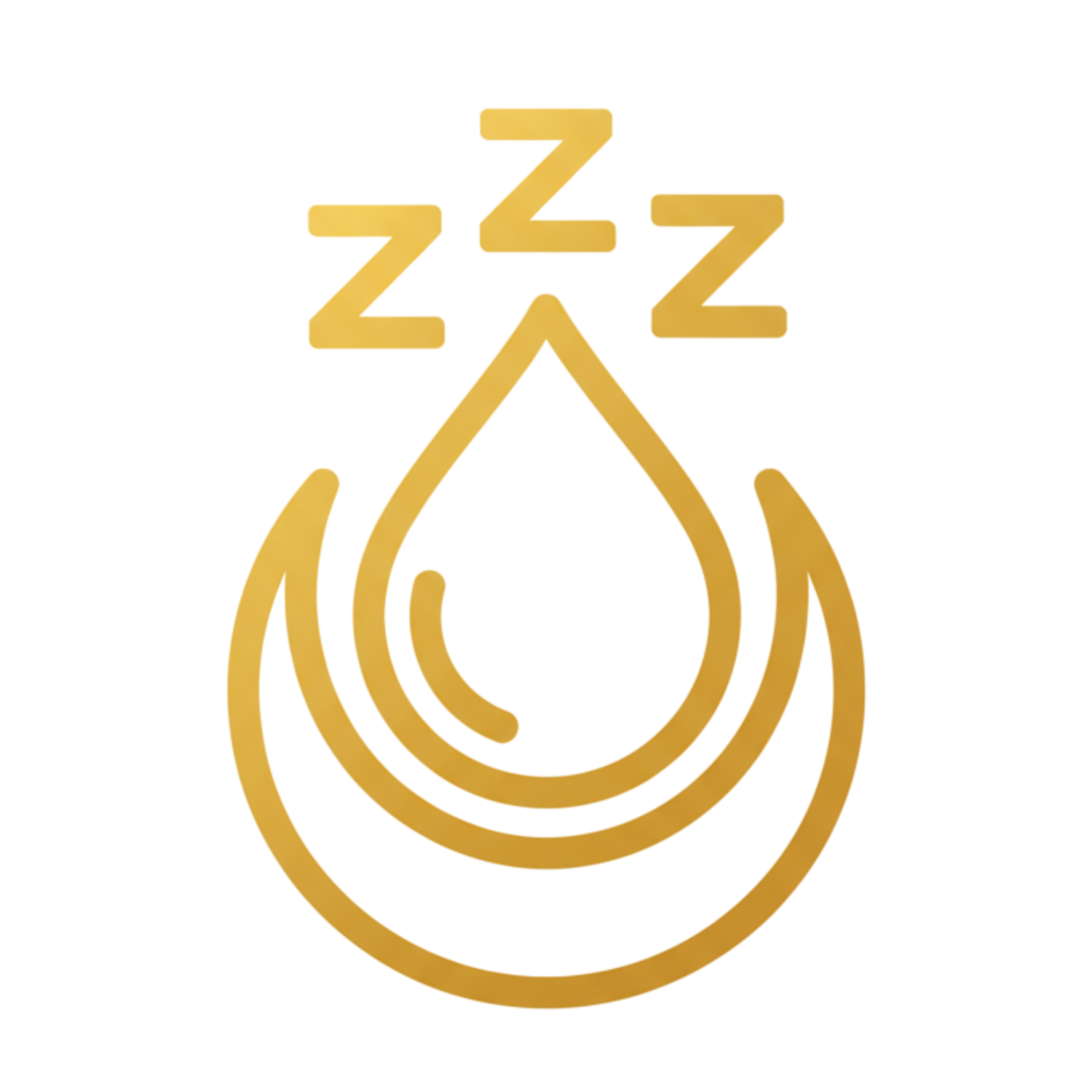 Gold droplet and crescent with 'zzz' symbols on black background.