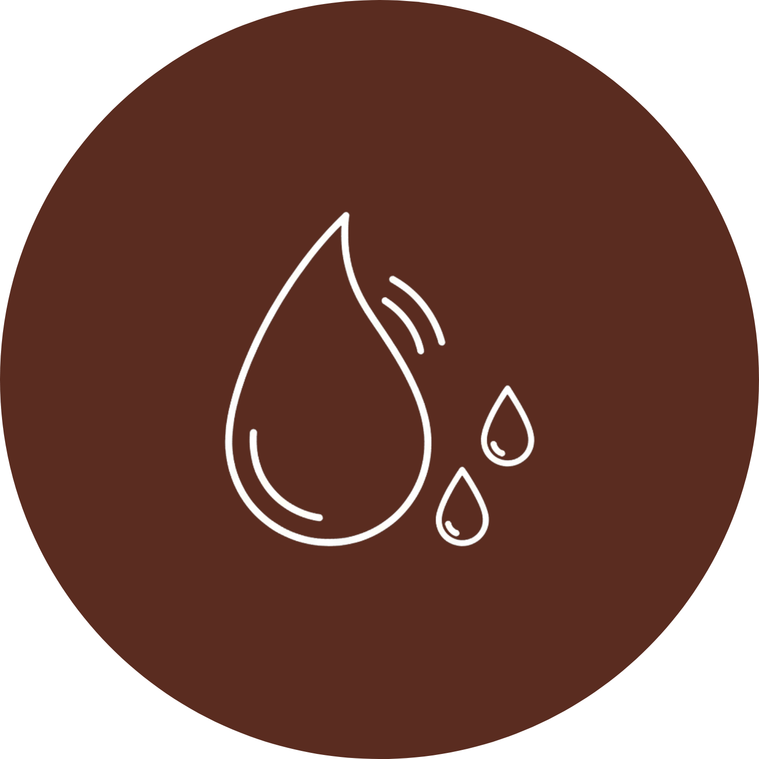 Outline of three water droplets on a brown circular background.