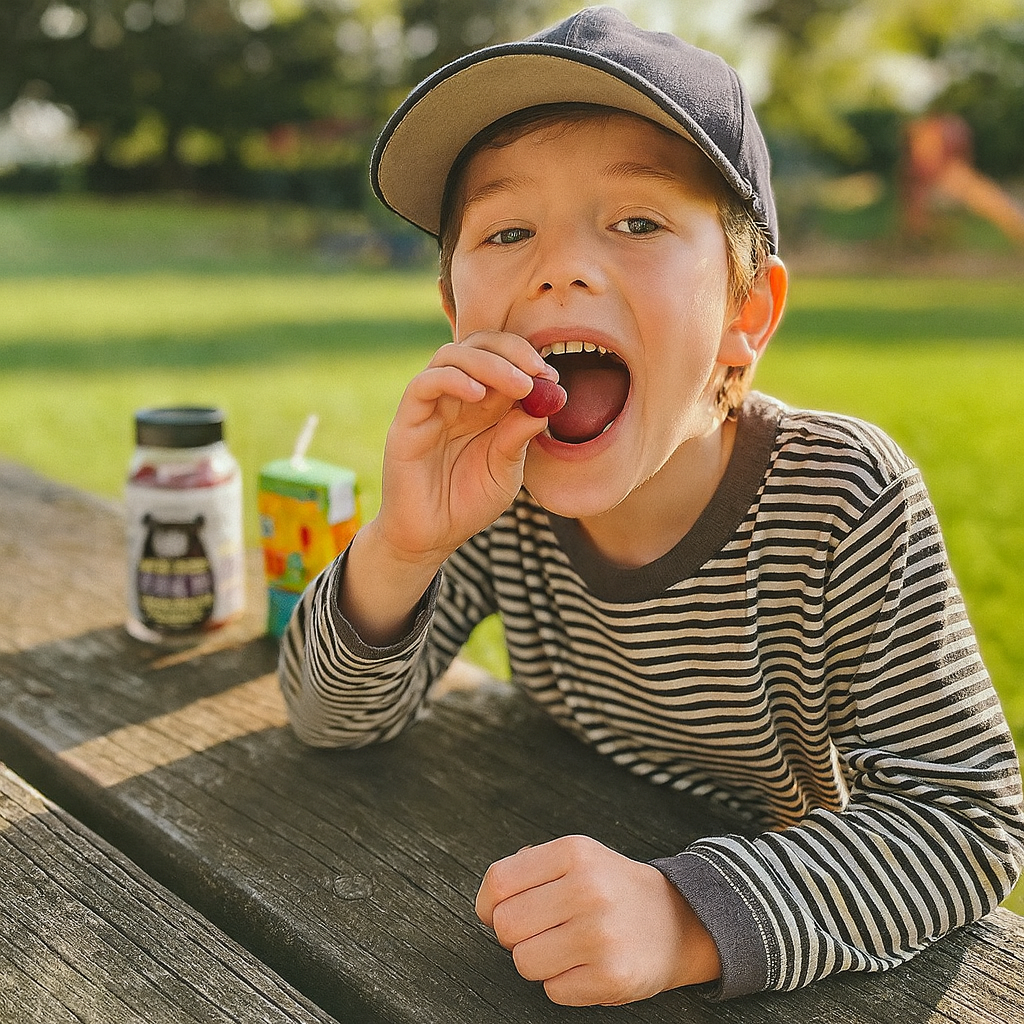 Child eating a berry at a picnic table with drinks nearby.