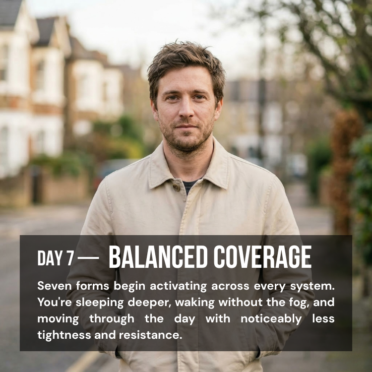 A man in a beige jacket stands on a street with a text overlay about balanced coverage.