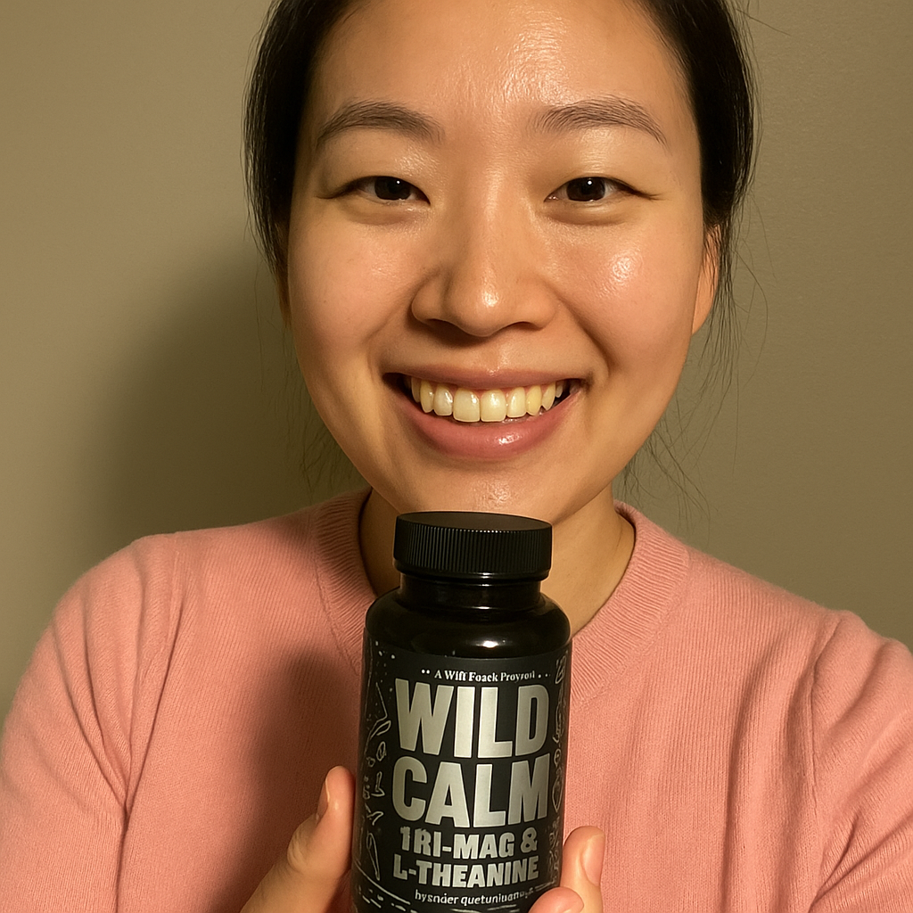 Person smiling and holding a bottle labeled 'Wild Calm' supplement.