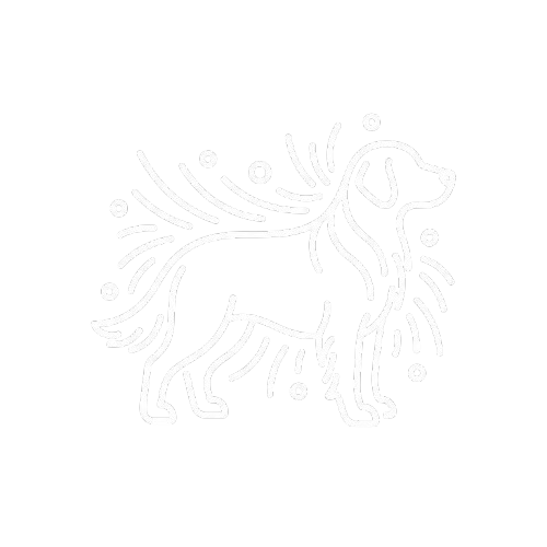 Outline drawing of a dog surrounded by abstract lines and circles on a black background.