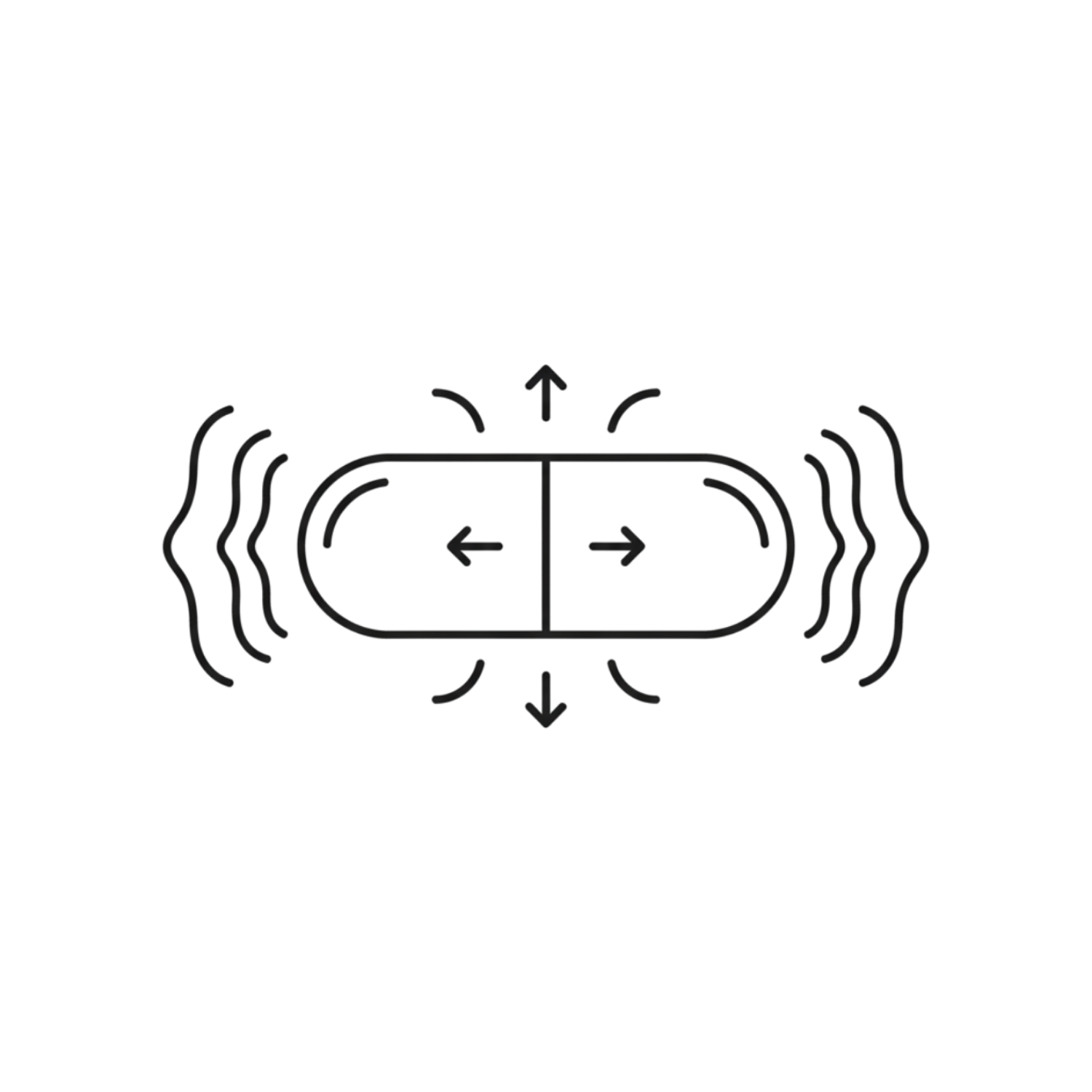 Minimalist black and white icon with arrows and capsule shape.
