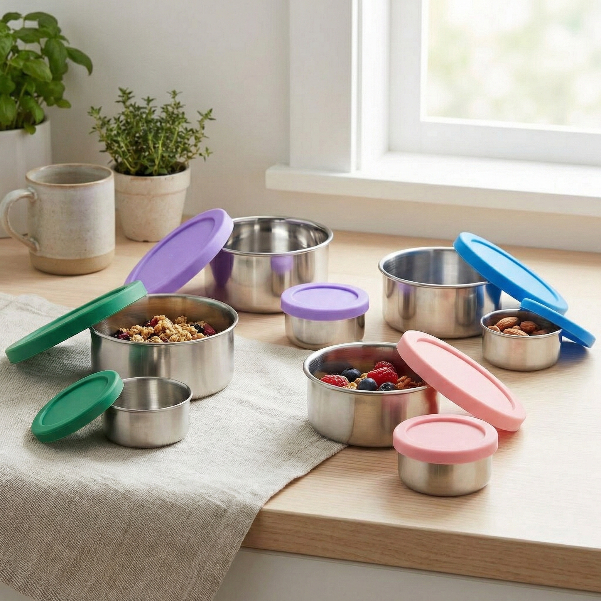 A collection of stainless steel food containers with colorful lids on a countertop with snacks.