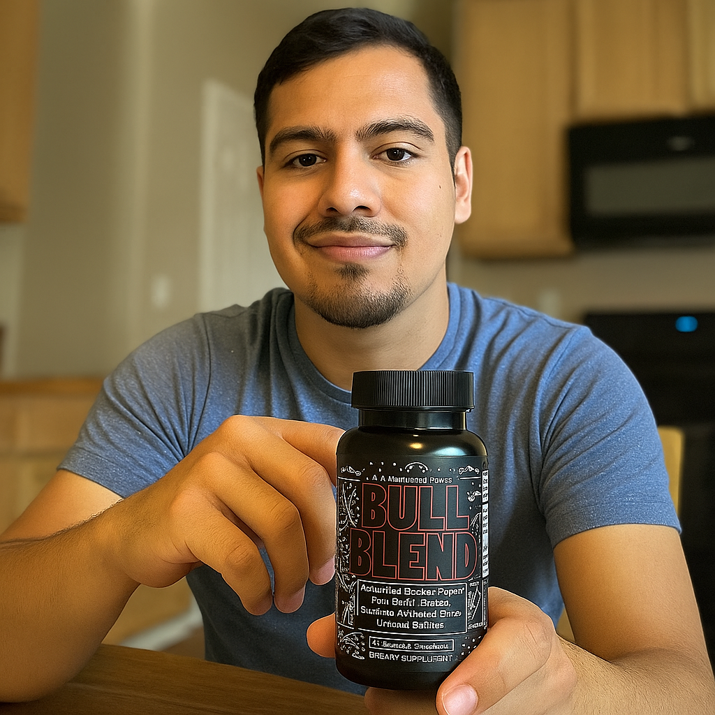 Person holding a bottle labeled 'Bull Blend' in a kitchen.
