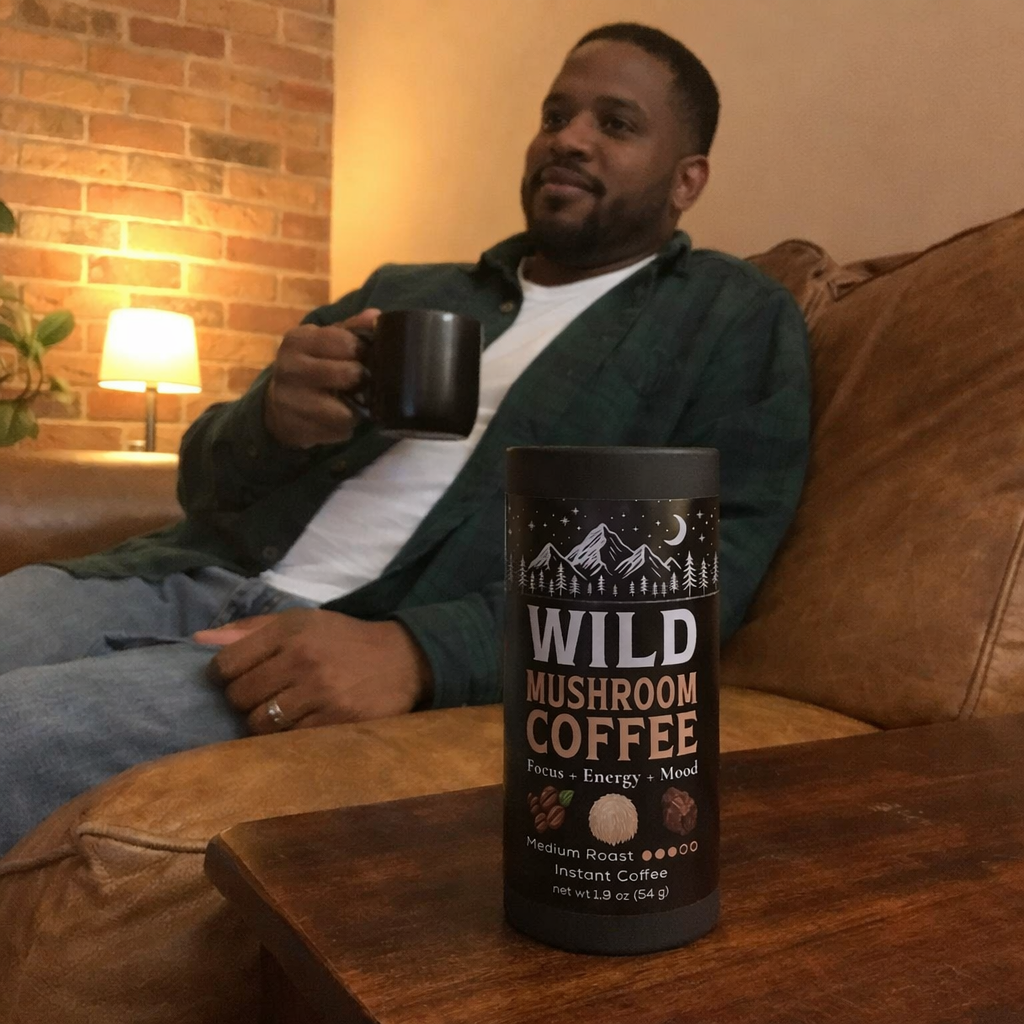 Man sitting on a couch holding a black mug, with Wild Mushroom Coffee container nearby.