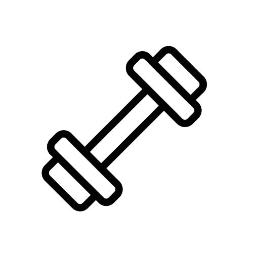 A simple black outline icon of a dumbbell, tilted at an angle on a white background.
