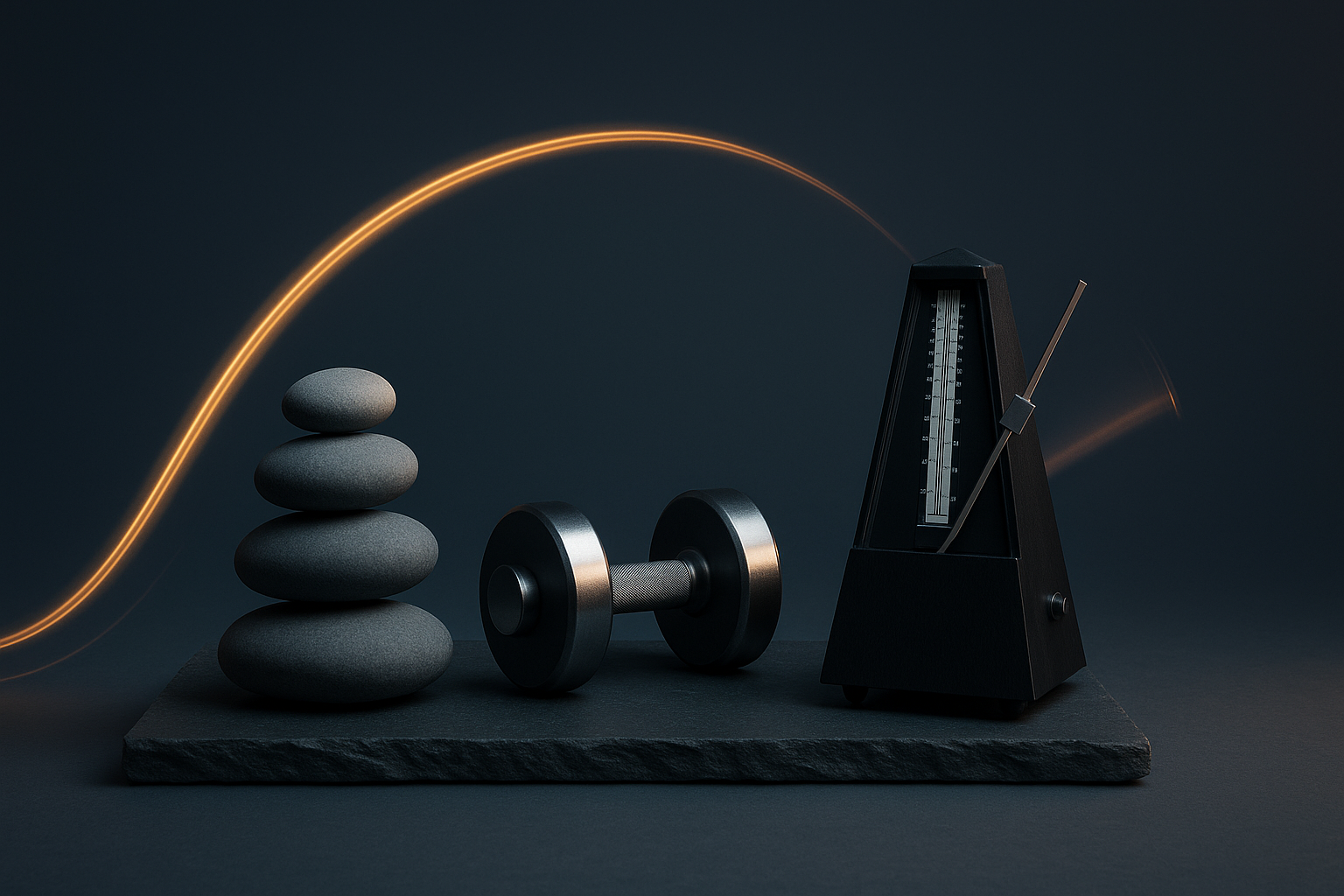 Stacked stones, a dumbbell, and a metronome on a dark surface with a light streak.