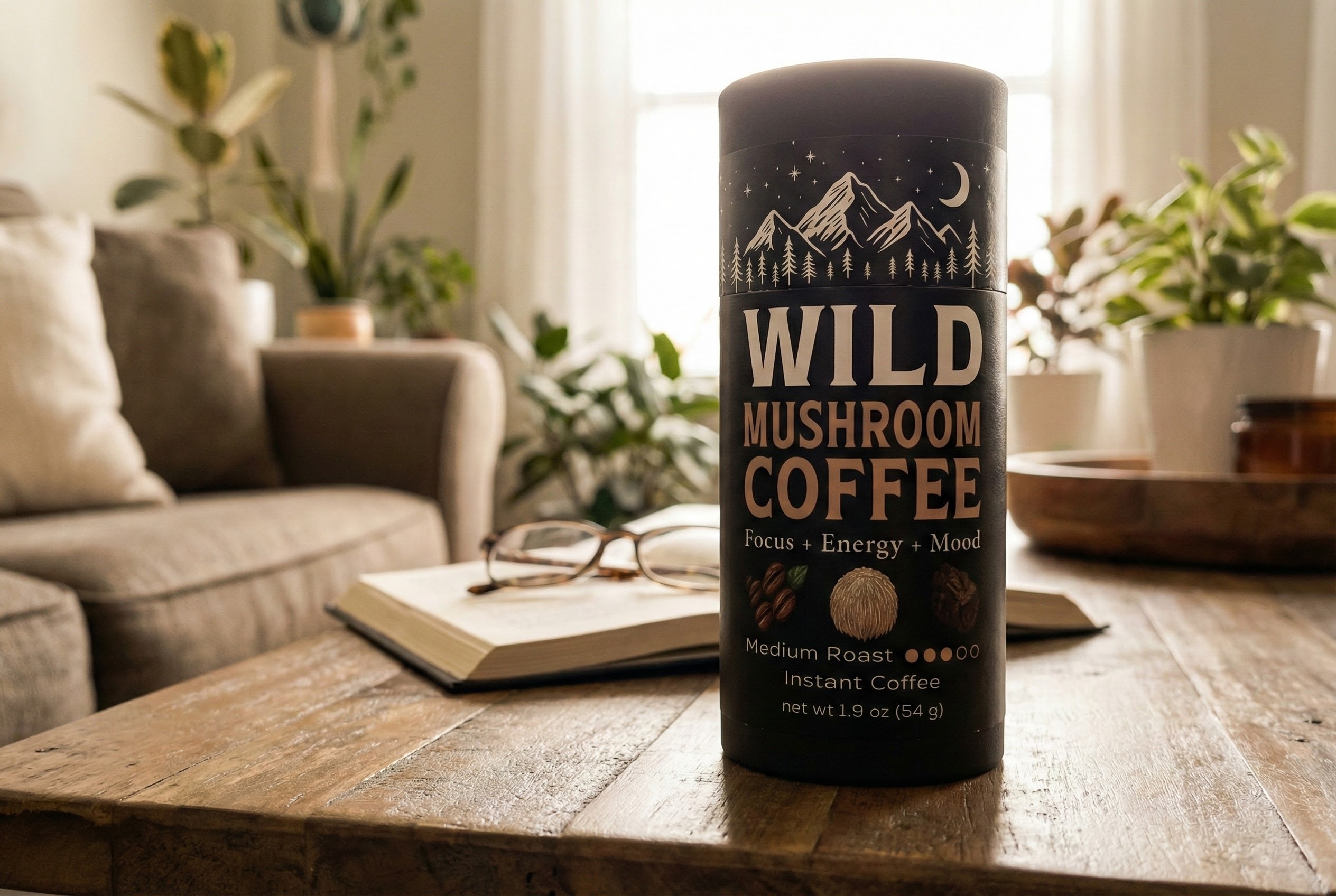 Canister of Wild Mushroom Coffee on a table near a book and glasses.